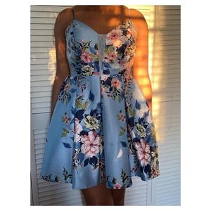Blue mini prom dress with florals details